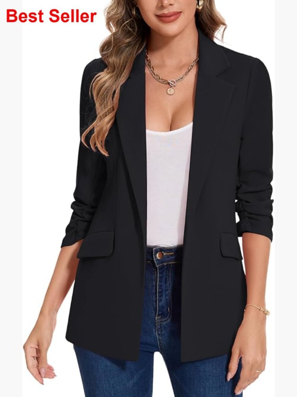 Open Front 3/4 Ruched Sleeve Blazer with Pockets Polyester Spandex
